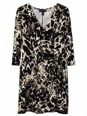 Dana Buchman L 3/4 Sleeve V Neck Ruched Stretch Animal Print Dress Casual Party